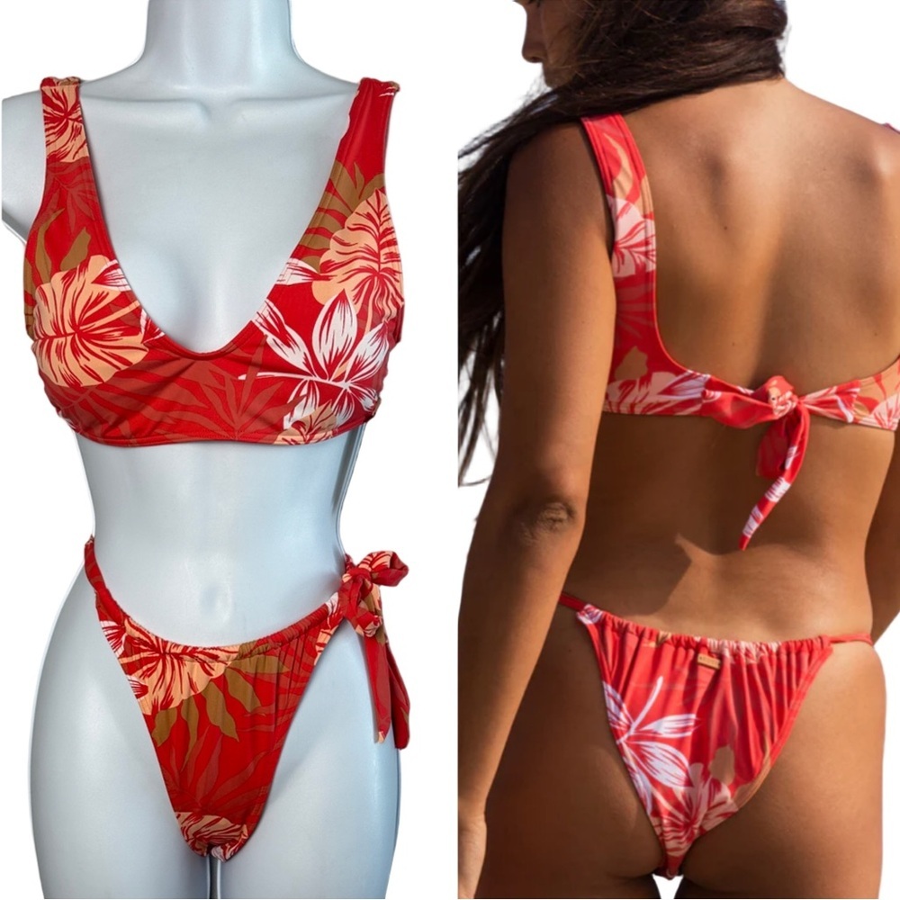 NEW Roxy Seaside Tropicals Bikini Medium Bralette Top Cheeky High Leg Bottom NWT